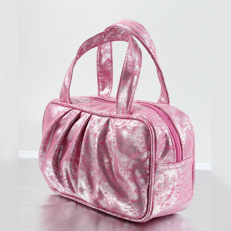 Korean-Style Large-Capacity Portable Pleated Cosmetic Storage Handbag Womens Travel Organizer Tote Bag Made of PU Mate