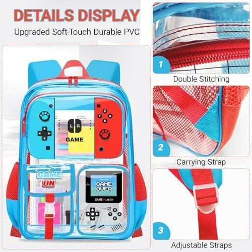 Vaelobag Large Clear PVC Backpack for Boys Kids College Students Waterproof Gamer Bookbag Polyester for School Stadium