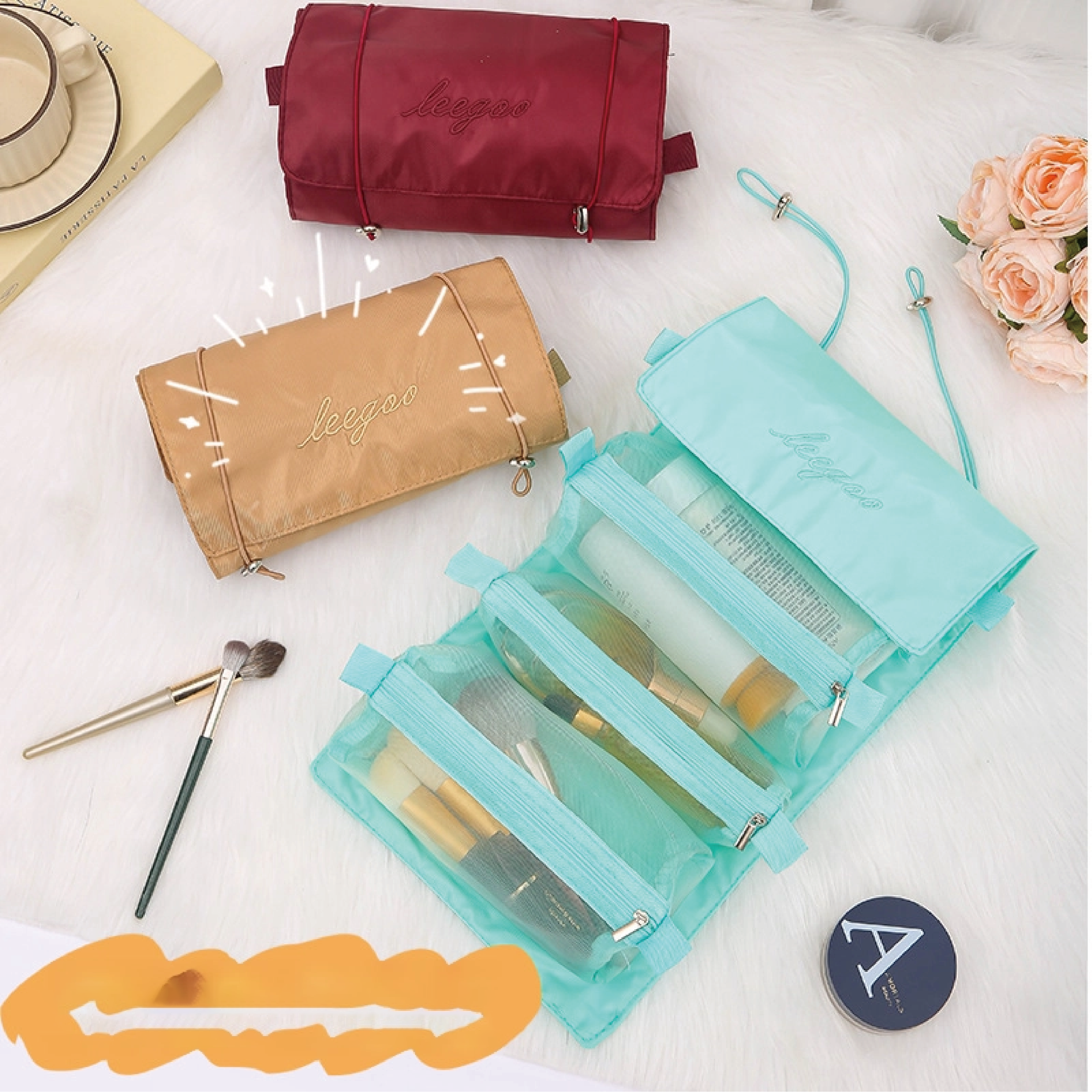 Detachable Four-In-One Cosmetics & for Toiletry Organizer Simple Folding Travel Bag with Zipper Closure Made Durable fo