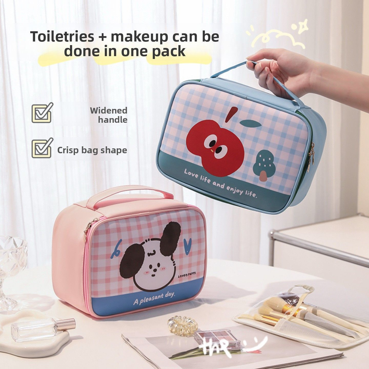 Japanese-Style Large Capacity Portable Makeup Skincare Storage Tote Bag High-Value PU Leather Zipper Fashion Cartoon De