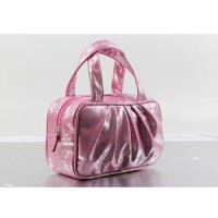 Korean-Style Large-Capacity Portable Pleated Cosmetic Storage Handbag Womens Travel Organizer Tote Bag Made of PU Mate