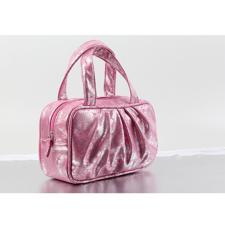 Korean-Style Large-Capacity Portable Pleated Cosmetic Storage Handbag Womens Travel Organizer Tote Bag Made of PU Mate