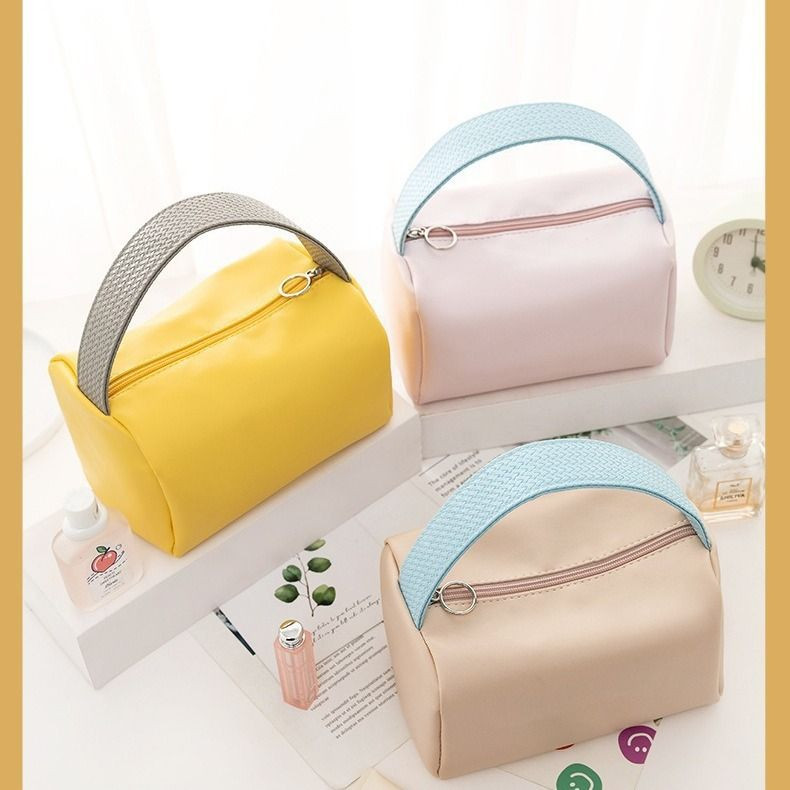 High-Value Fashion PU Solid Color Cosmetic Hand-Held Portable Toiletry Bag Large Capacity Waterproof Zipper Travel Stor